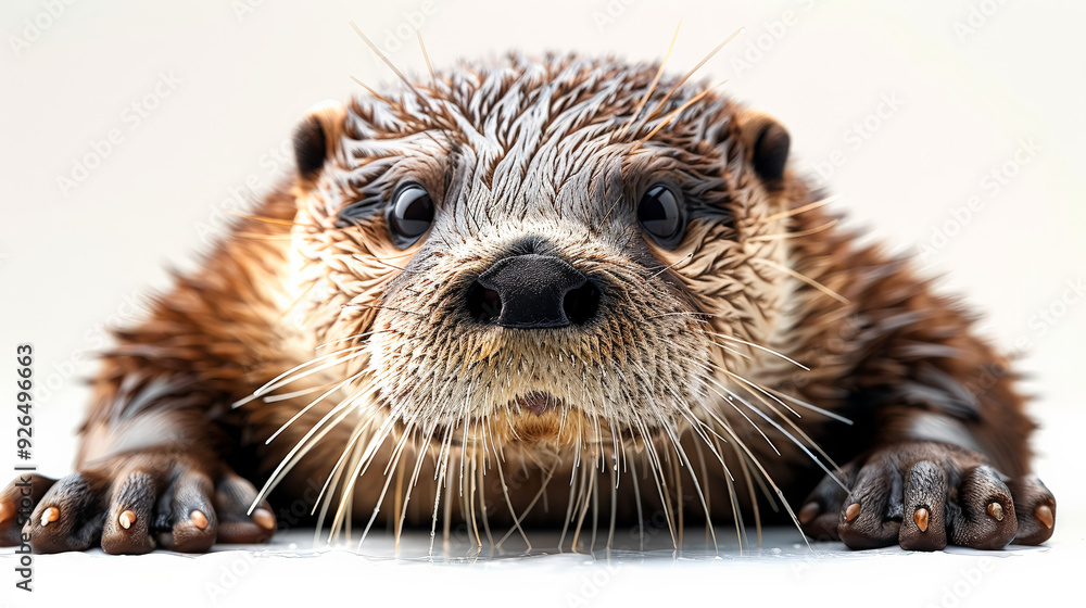 Poster a small otter is looking at the camera with its nose close to the camera. the otter is wet and has a