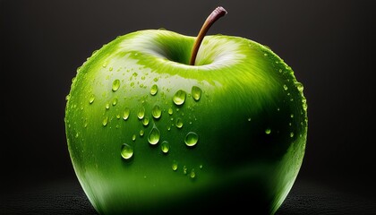 An artistic macro illustration of a green apple with water drops on its surface. The apple i