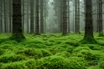 Misty Forest with Lush Green Moss - Nature Landscape for Tranquil Outdoor Designs