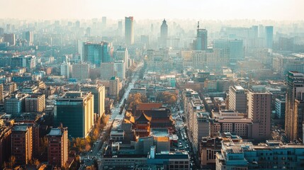 Top-down view of the bustling cityscape of Beijing, with its mix of historic landmarks and modern buildings.