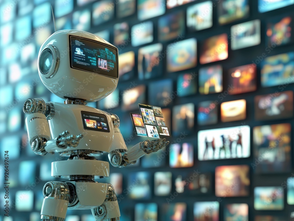 Aufkleber a 3d search engine robot curating a gallery of floating images and text, symbolizing personalized se