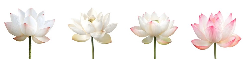 lotus flowers in various blooming stages on isolated background
