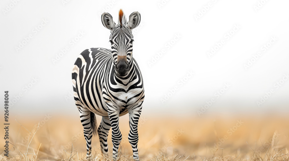 Poster a zebra standing in a field of tall grass. the zebra is looking directly at the camera