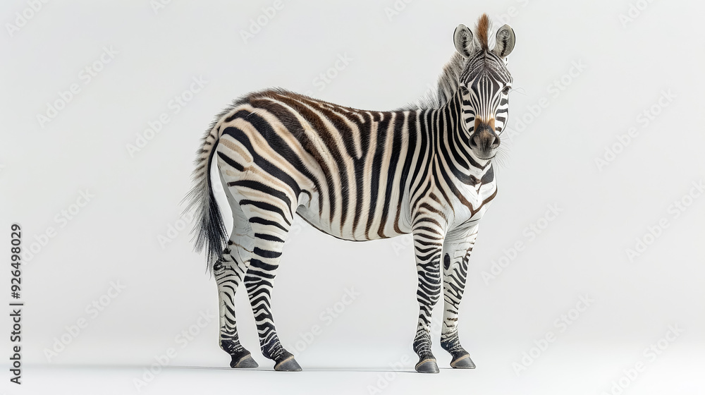 Poster a zebra standing in front of a white background. the zebra is the main focus of the image, and it is