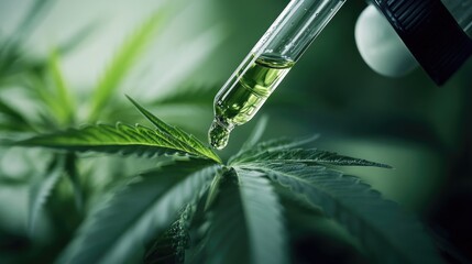 Cannabis oil in a dropper with a fresh marijuana leaf, symbolizing the intersection of nature and medical science