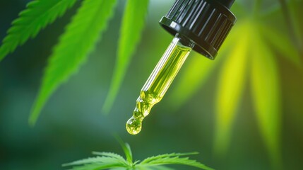 Cannabis oil in a dropper with a fresh marijuana leaf, symbolizing the intersection of nature and medical science
