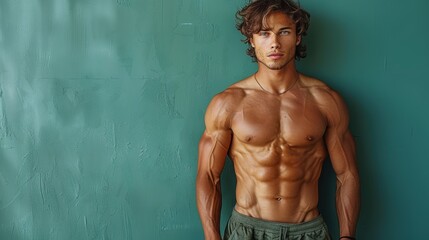 Obraz premium Young man posing confidently against a green wall, showcasing a well-defined muscular physique during daylight