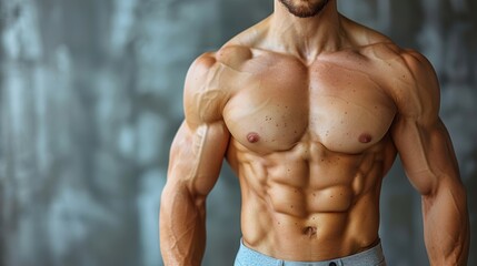 Fototapeta premium Fit man showcasing defined muscles in a gym setting during daylight hours