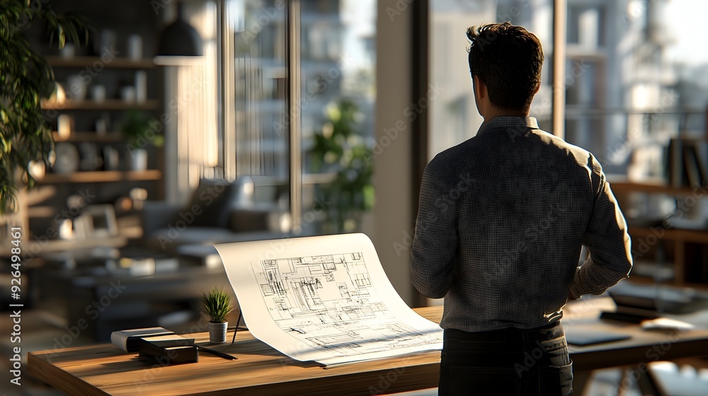 Poster engineer managing design specifications in 3d rendered workspace