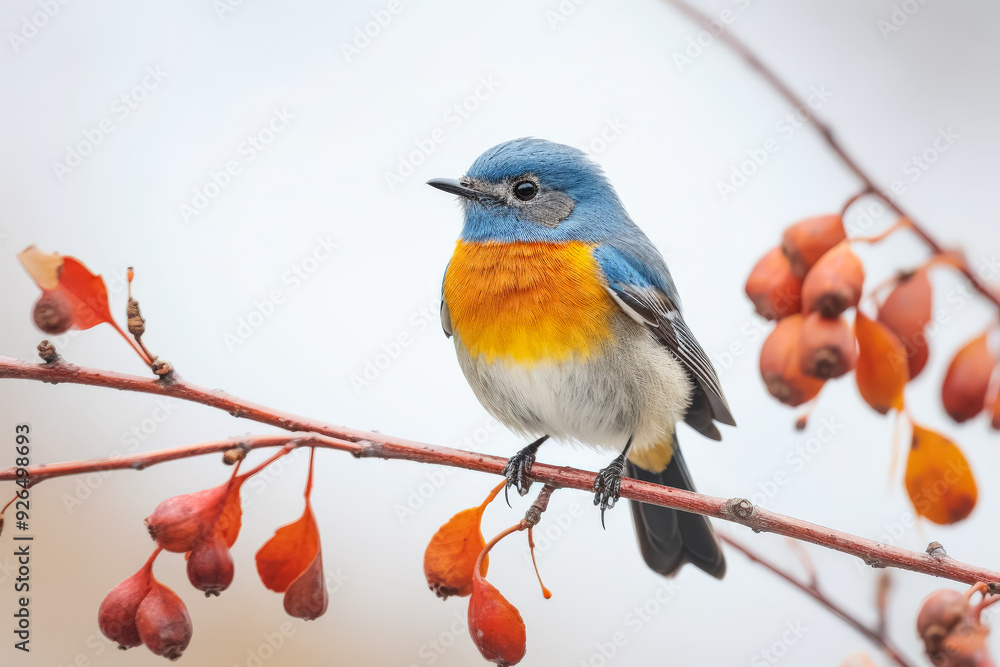 Poster a blue and orange bird is perched on a branch with red berries. the bird is small and he is enjoying