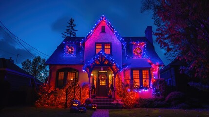 Fototapeta premium The exterior of a house fully decorated with Halloween lights and spooky props.