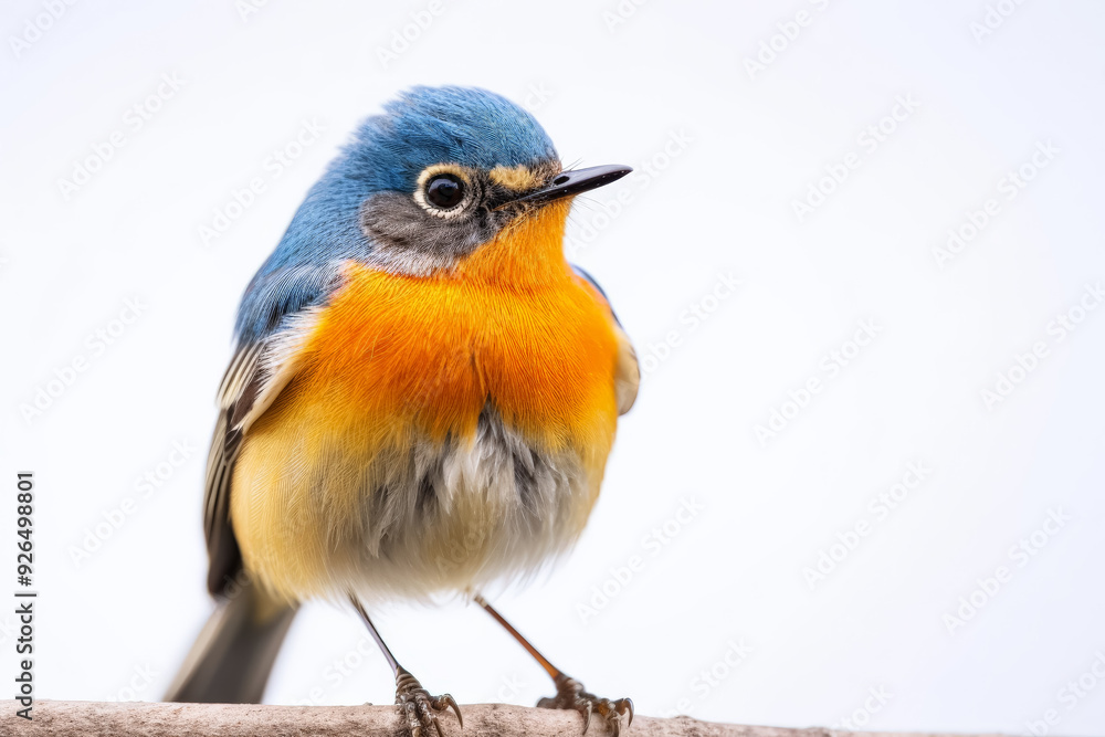 Poster a small bird with orange and blue feathers is standing on a branch. the bird is looking directly at 