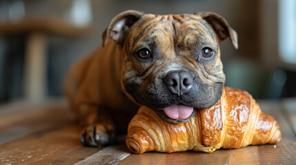 Fototapeta premium A dog is holding a croissant in its mouth. The dog appears to be happy and playful