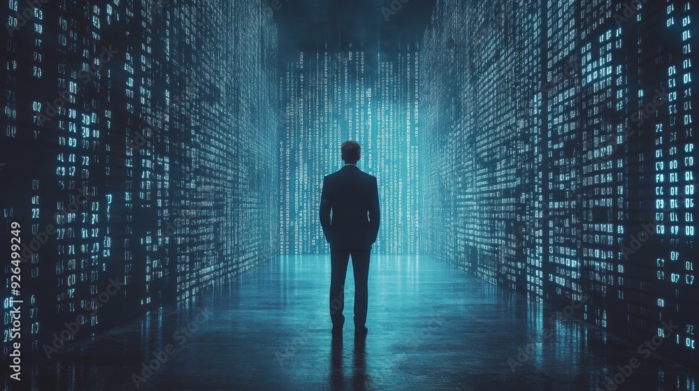 Poster A man stands in a captivating digital realm, engulfed by glowing data streams that create an atmosphere of endless potential