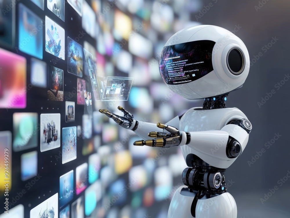 Aufkleber a 3d search engine robot curating a gallery of floating images and text, symbolizing personalized se
