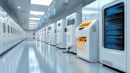 A futuristic, clean data center with sleek, white servers,