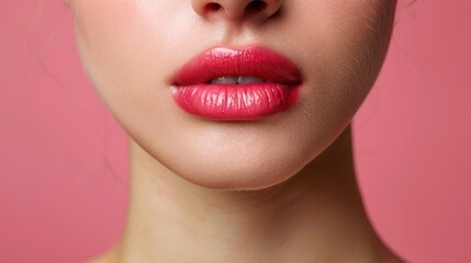Close-up of a model's lips showcasing vibrant red lipstick against a pink background