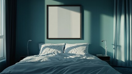 Minimalist bedroom with a large framed poster above the bed and a teal colored wall.