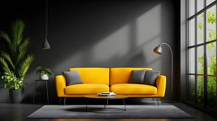 mock up poster frame in Luxury dark living room interior background, black empty wall mock up,...