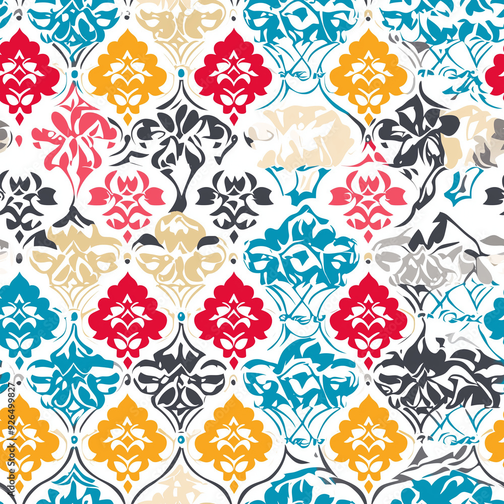 Poster seamless pattern colorful damask floral pattern with white background
