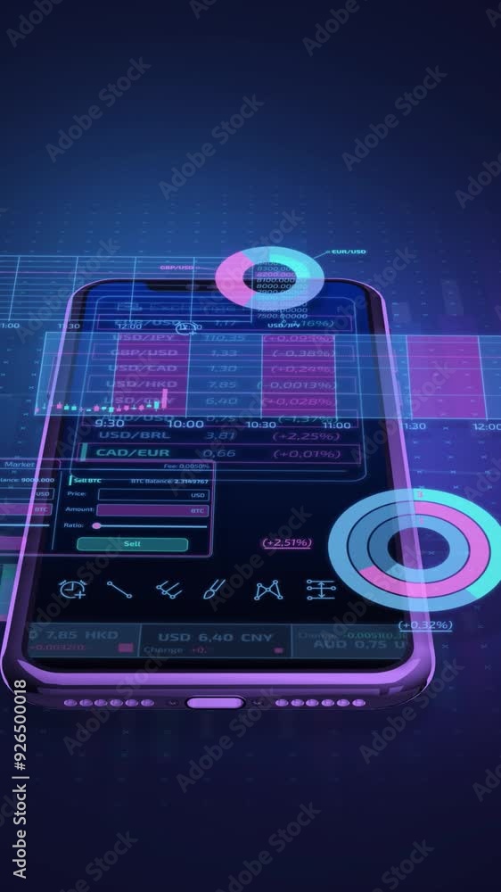 Poster infographics displaying phone and animated stock data.