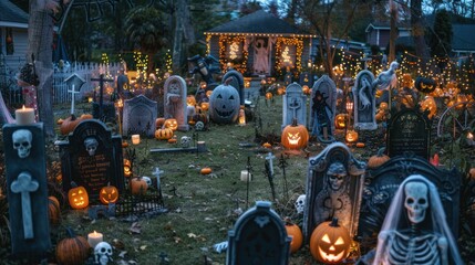 Obraz premium A yard filled with various Halloween decorations including tombstones, ghosts, and spiders.