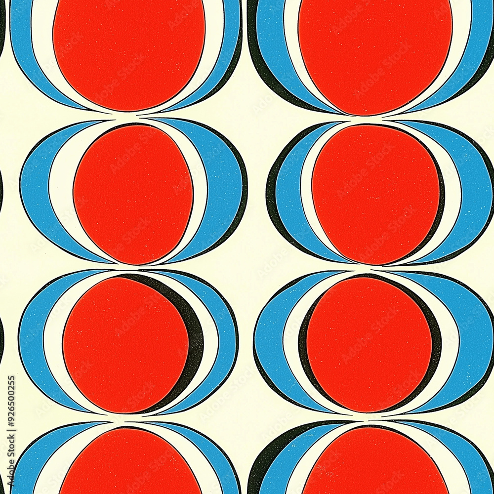 Poster seamless pattern retro circles and waves pattern in red, blue, and beige