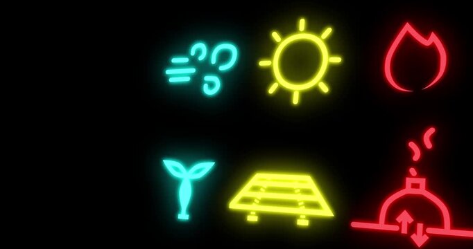 Energy, sustainability and abstract with neon icon for eco friendly, environment or conservation. Carbon neutral, animation and graphic with symbol for solar, renewable or power on black background
