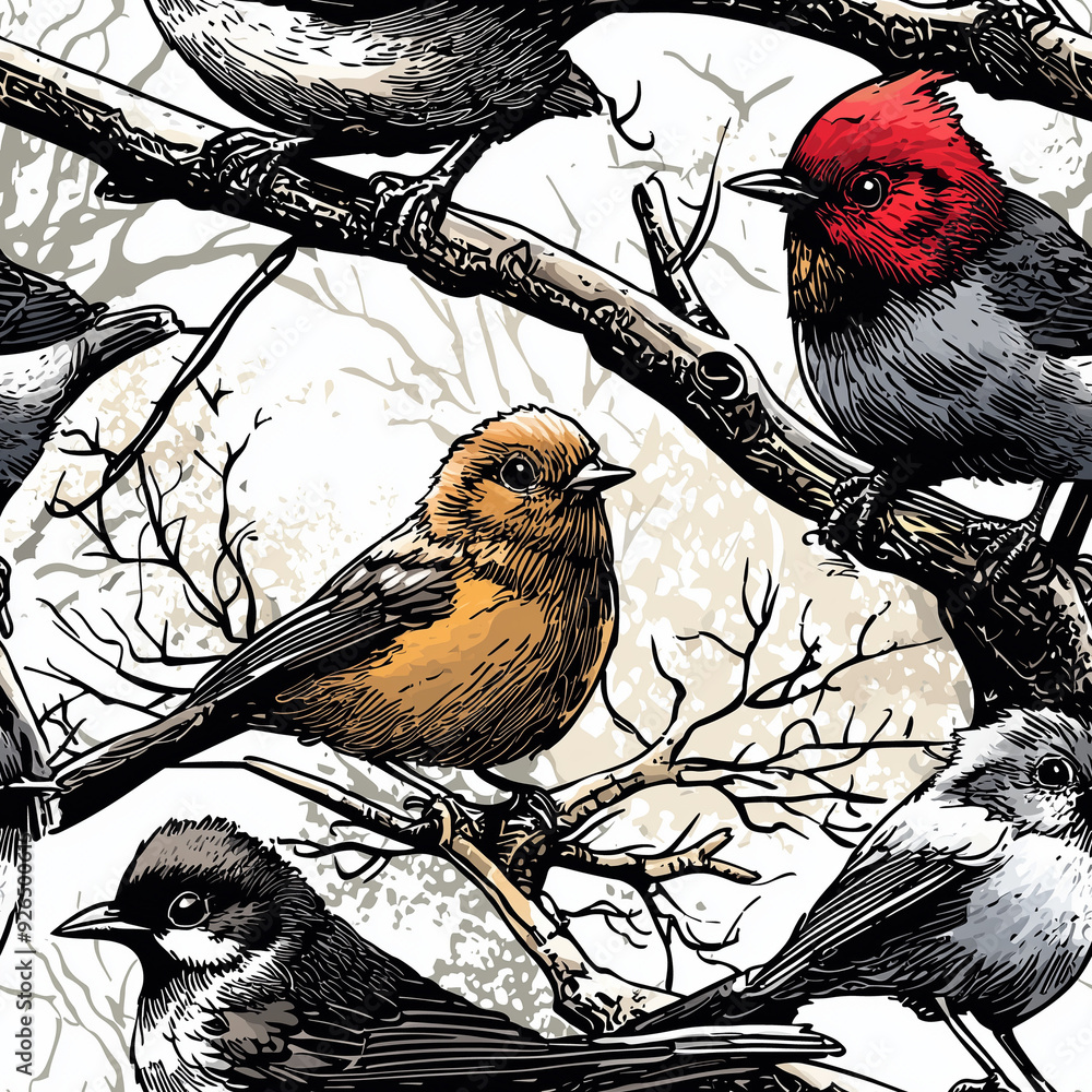 Poster seamless pattern detailed birds on branches with subtle color highlights