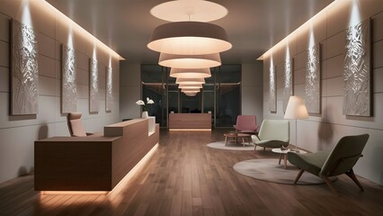 Luxury interior Meeting room with beautifying board wall, present day furniture on wood and pastel walls, idea of corporate office plan.