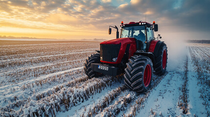 A red tractor navigates through snow-covered fields, leaving distinct tracks as the setting sun bathes the landscape in warm hues