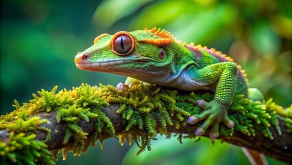 Naklejka premium Vibrant green crested gecko perched on mossy branch, showcasing vibrant coloration, delicate ridges, and intricate patterns on its tiny body