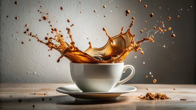 Coffee splashing out of a cup creating chaos and motion , Coffee, chaos, splash, motion, movement, dynamic, caffeine