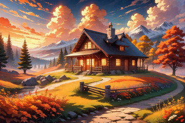 Fototapeta premium A house in the mountains. Autumn landscape.
