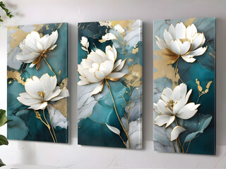 three panel wall art, marble background with golden and silver Teal Flower Plants designs, wall decoration
