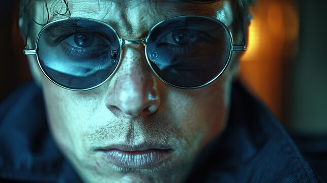 Close-up of a man with sunglasses and an intense expression in a dimly lit urban setting at night