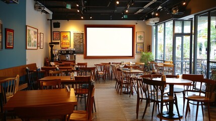 Empty cafe with wooden tables and chairs, large blank sign on the wall.