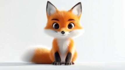 Obraz premium A cute 3D fox cub with a fluffy tail and big eyes, sitting on a white background.