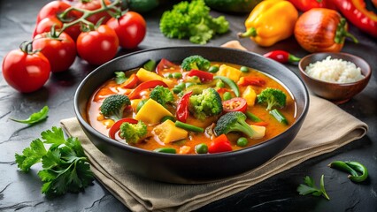 Vibrant vegetable curry in black ceramic bowl, white marble tabletop, colorful ingredients, broccoli, bell peppers, carrots, tomatoes, golden broth, garnished with fresh parsley 