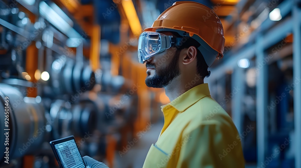 Poster professional engineer inspecting components for defects in industrial setting