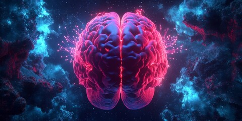Vibrant futuristic representation of a human brain illuminated by electric neural connections against a cosmic backdrop