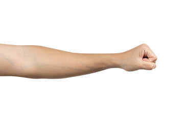 Fototapeta premium Man hand with fist gesture isolated on white background. Clipping path included. top view