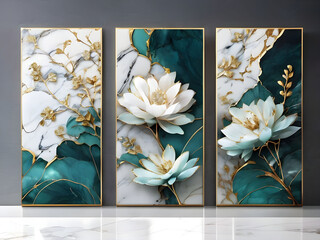 three panel wall art, marble background with golden and silver Teal Flower Plants designs, wall decoration