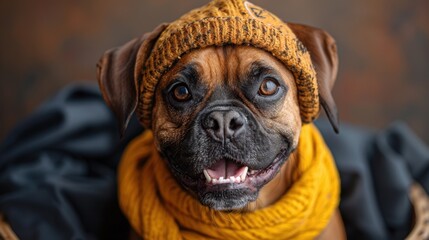 Obraz premium A cheerful dog wearing a knitted hat and scarf poses for a close-up portrait against a warm backdrop in autumn