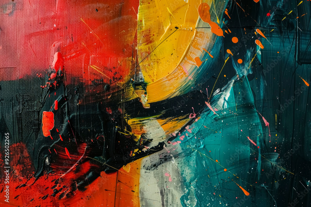 Poster abstract painting with bold strokes of red, yellow, and teal on a black background. dynamic splashes