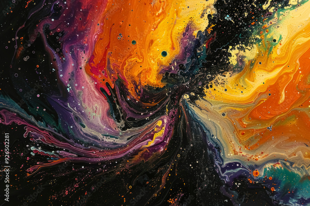 Poster a vibrant abstract painting featuring swirling patterns of orange, yellow, purple, and black. the co