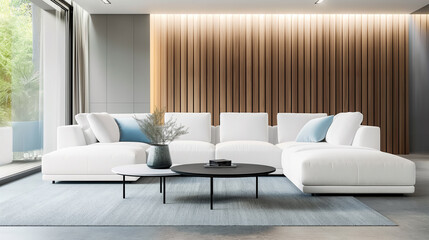 Modern living room features a modern white sectional sofa with decorative pillows, a round black coffee table, and floor-to-ceiling windows offering natural light