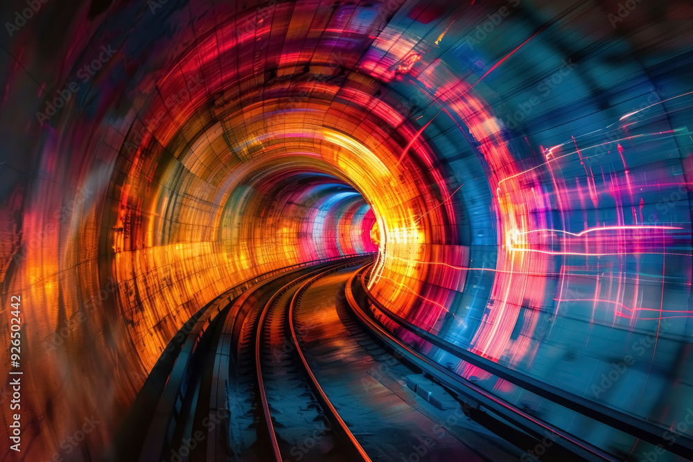 Poster a visually striking image of a tunnel with bright neon lights, with swirling patterns of orange, blu