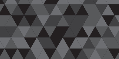 	
Abstract geometric black and gray background seamless mosaic and low polygon triangle texture wallpaper. Triangle shape retro wall grid pattern geometric ornament tile vector square element.