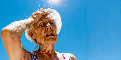Elderly woman sweating experience heat stroke, heat exhaustion concept, copyspace